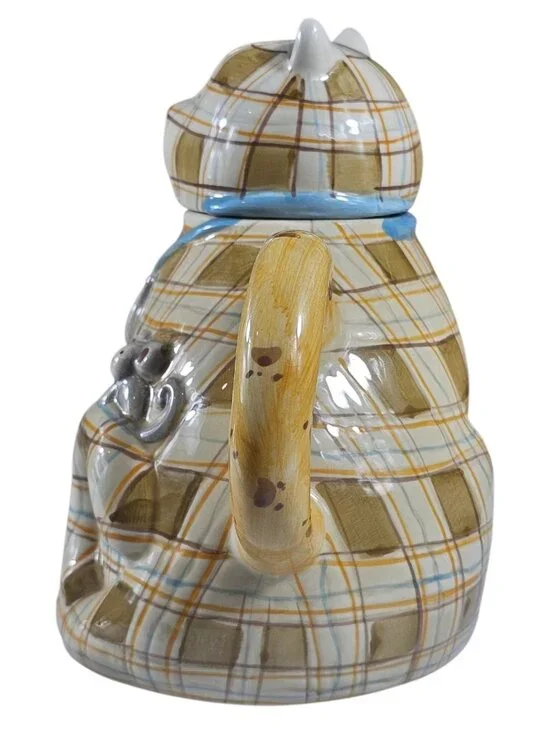 Sakura Plaid Kitty Cat Ceramic Teapot Debbie Mumm Handpainted Kitty Cat Teapot - Picture 4 of 7